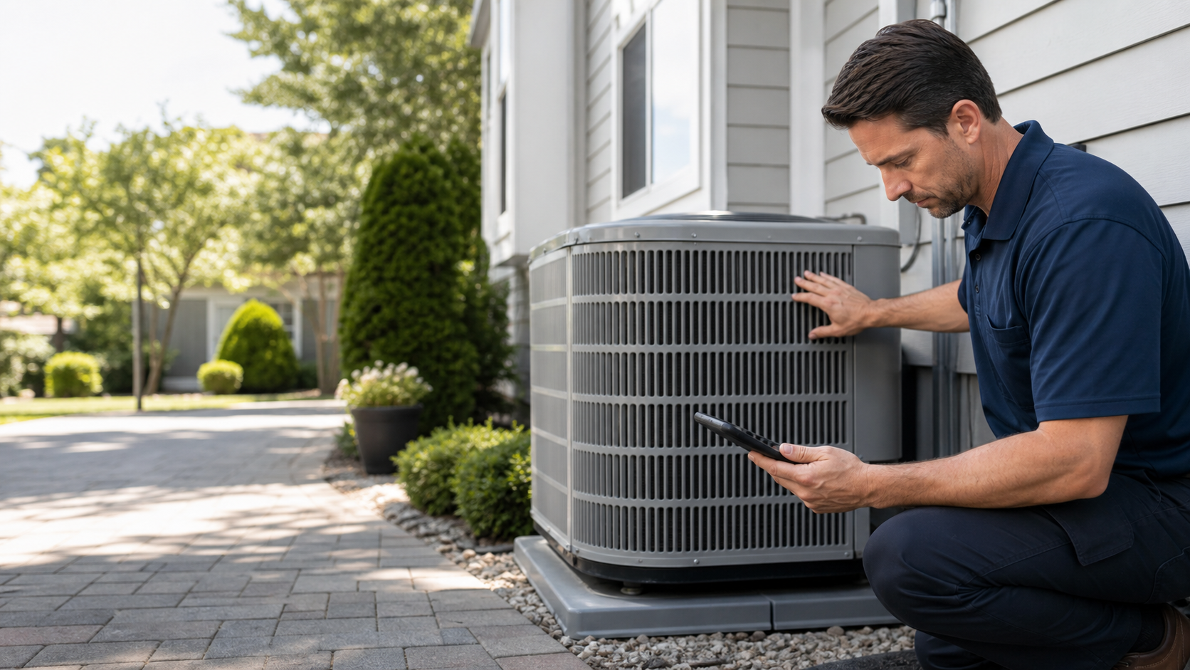 Modern HVAC service website hero image showing a technician servicing an outdoor unit